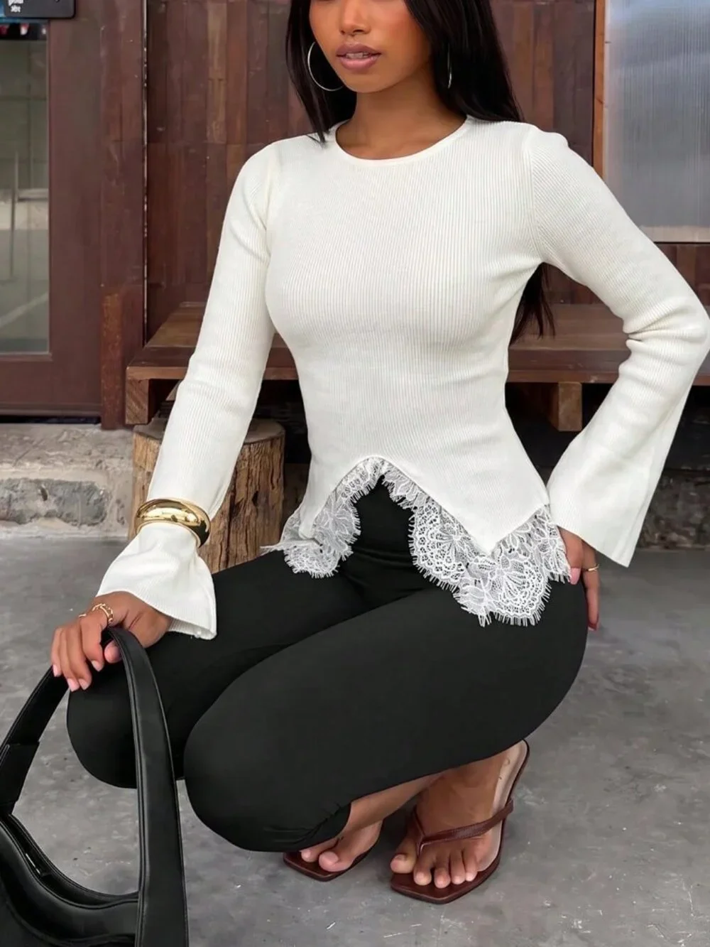 White Casual Women's Lace Patchwork Knit Sweater top